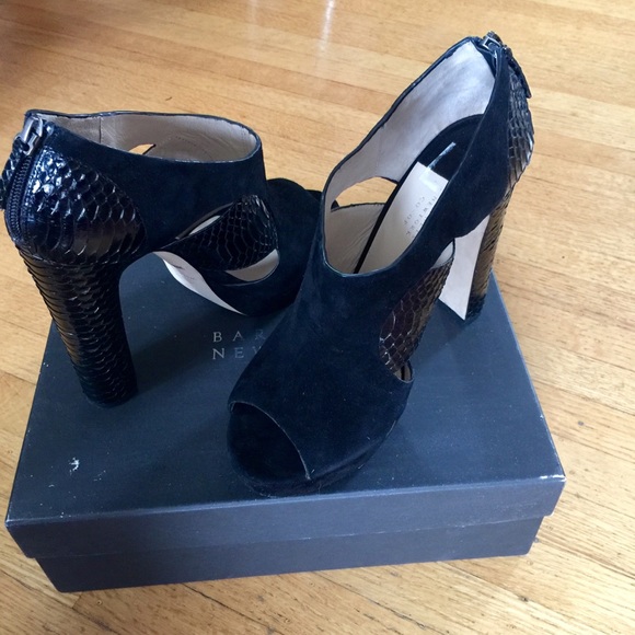 BARNEYS NEW YORK SUEDE AND SNAKE PLATFORM SHOES - Picture 2 of 6